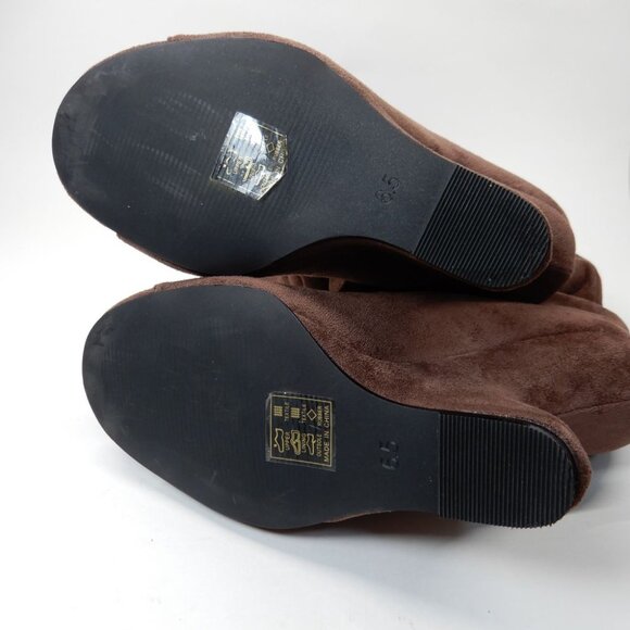 AZALEA WANG Vincent Knee High Open Toe Boots 6.5 Wedge Heel Brown Suede NEW - Picture 13 of 14